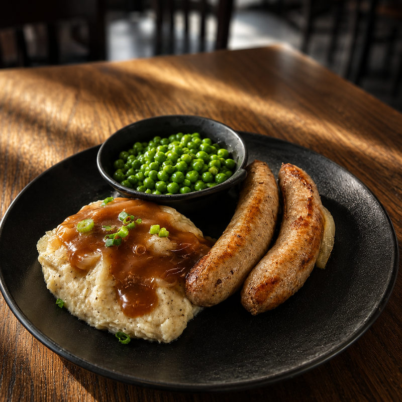 Bangers and mash with onion gravy and peas.