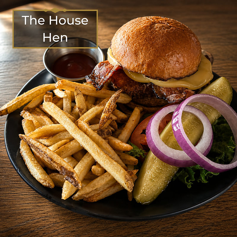 The House Hen sandwich with fries.