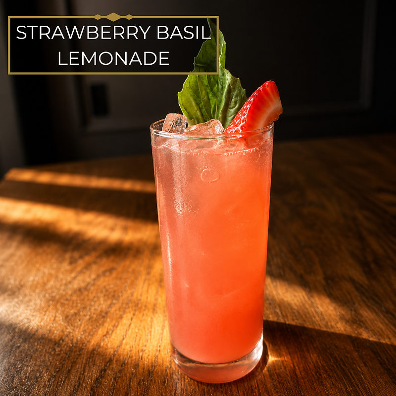 Strawberry basil lemonade in a tall glass.